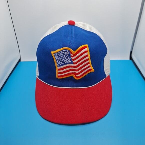 Vintage American Flag Twins Enterprise S-M Mesh Trucker Snapback Hat Cap USA - Picture 1 of 8
